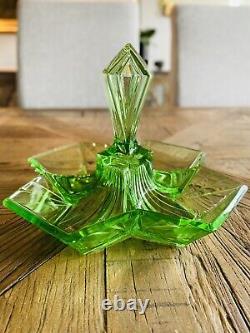 Vintage Art Deco Vaseline Verre Vert 4-divided Relish/condiment Dish Avec Poignée