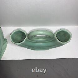 Vintage Green Camark Potterie Poignée Circulaire Art Déco Double Vase 7x9x2.5 Paire
